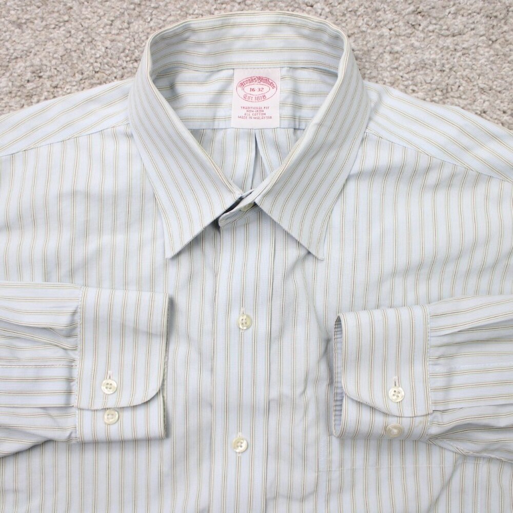 Brooks Brothers Dress Shirt Mens 16, 32 Blue/Yellow‎ Non-Iron Cotton L/S Button